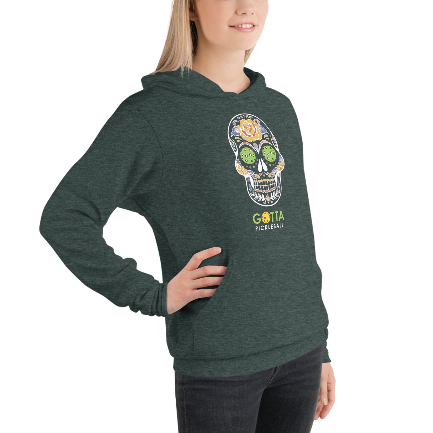 Unisex Hoodie Cotton/Fleece: Day of the Dead Skull with Pickleball Eyes (more colors)