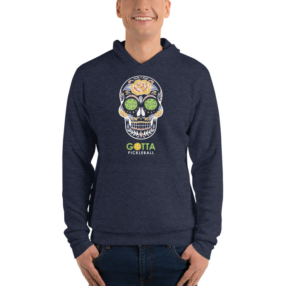 Unisex Hoodie Cotton/Fleece: Day of the Dead Skull with Pickleball Eyes (more colors)