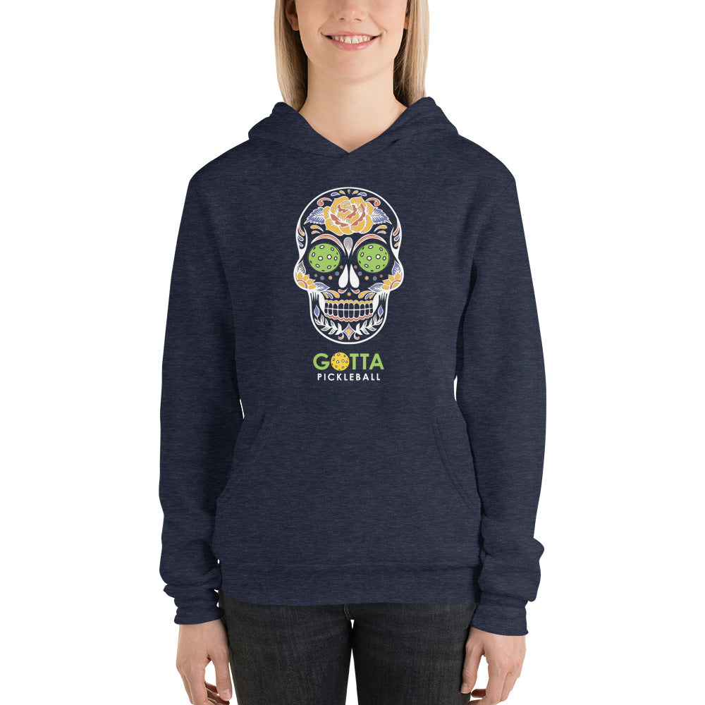 Unisex Hoodie Cotton/Fleece: Day of the Dead Skull with Pickleball Eyes (more colors)