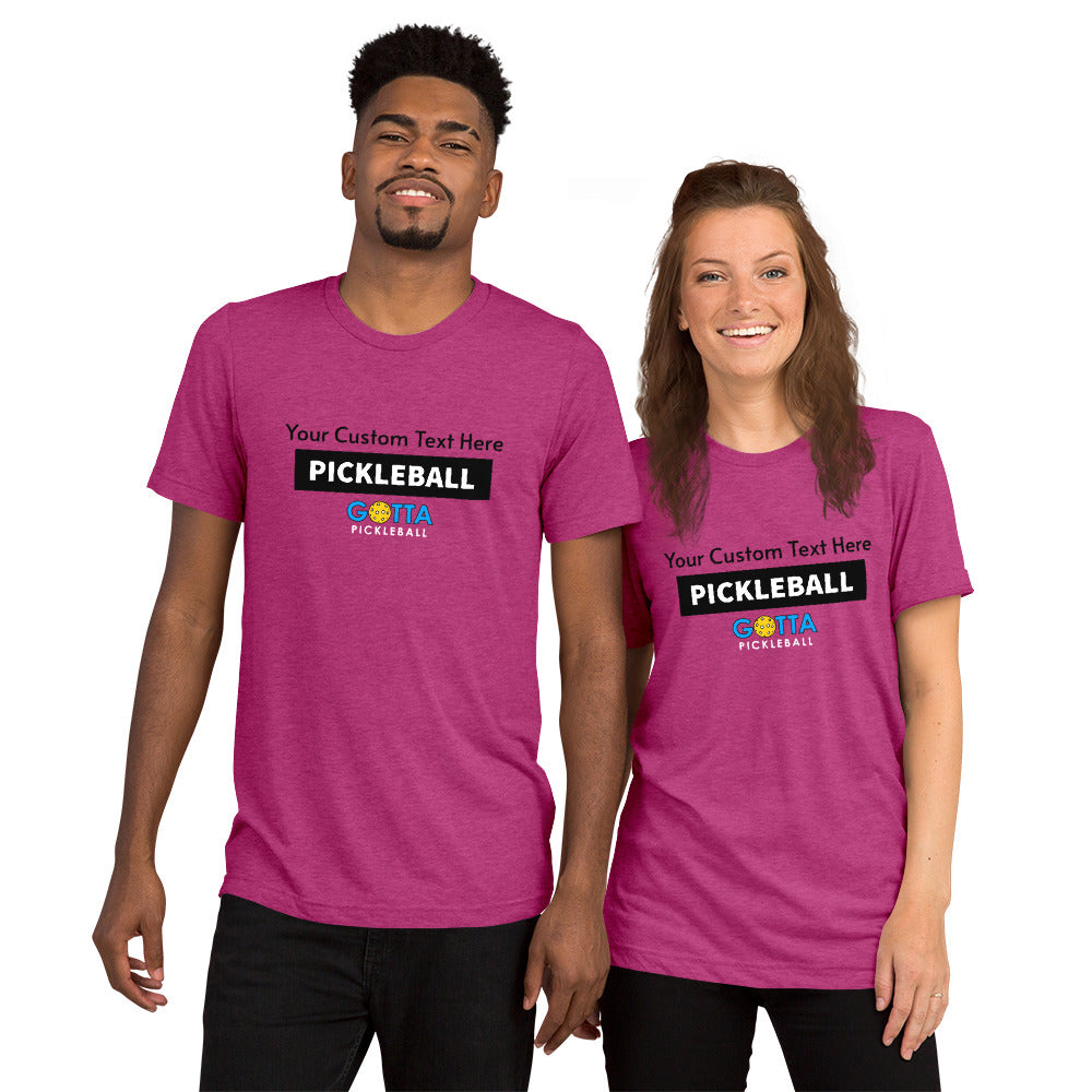 PERSONALIZED PICKLEBALL T-SHIRT: UNISEX: Add your custom text over rectangular pickleball design