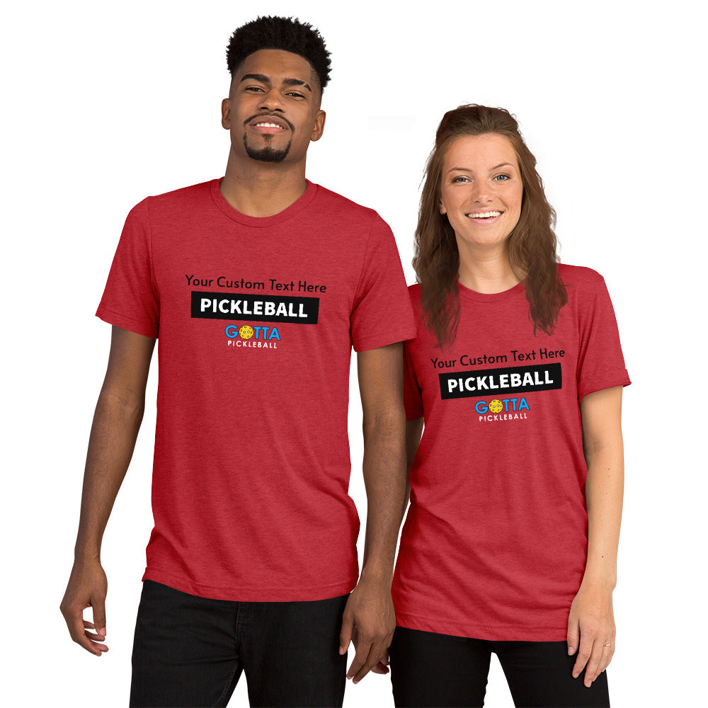 PERSONALIZED PICKLEBALL T-SHIRT: UNISEX: Add your custom text over rectangular pickleball design