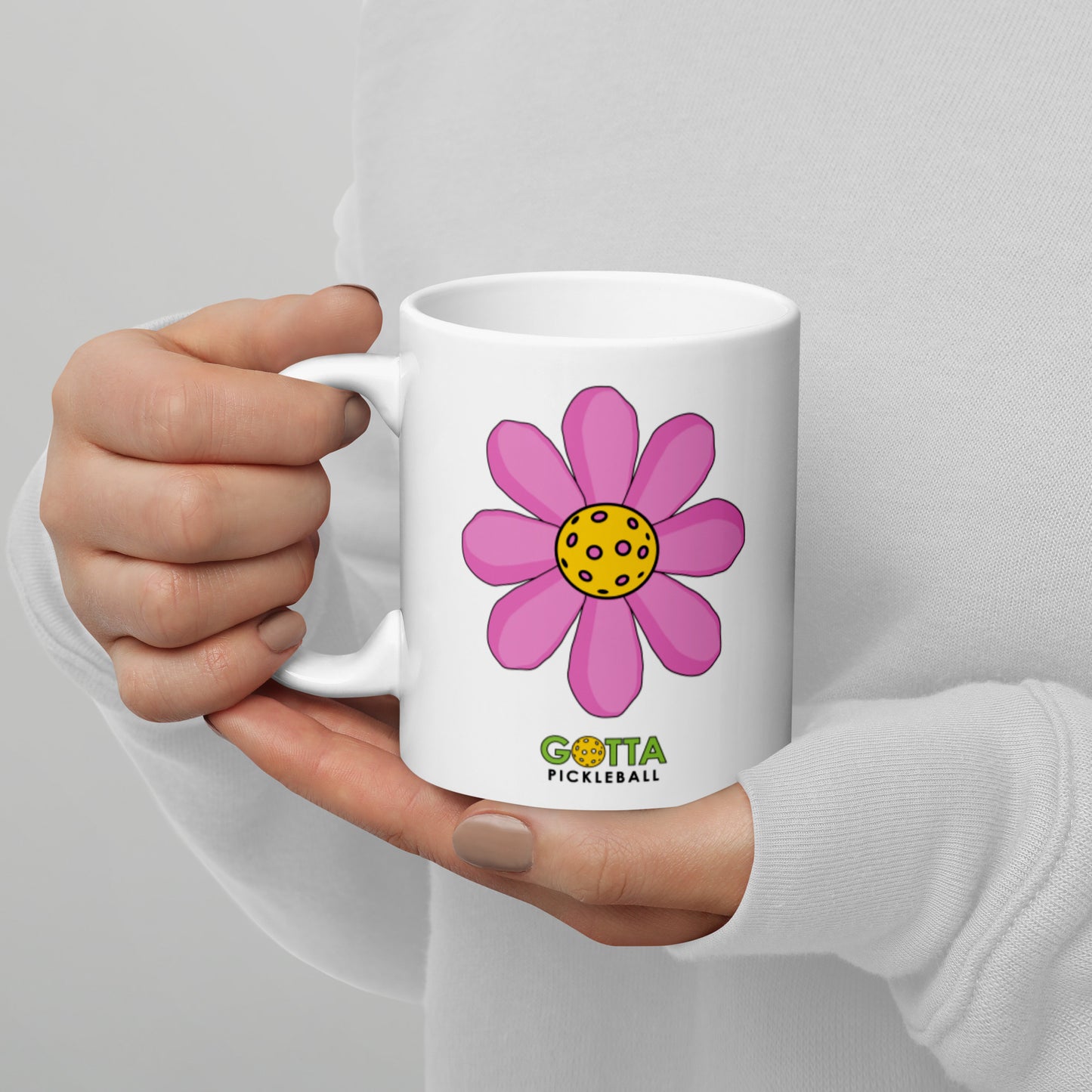 gotta pickleball power with pickleball center and pink petals white glossy ceramic coffee mug