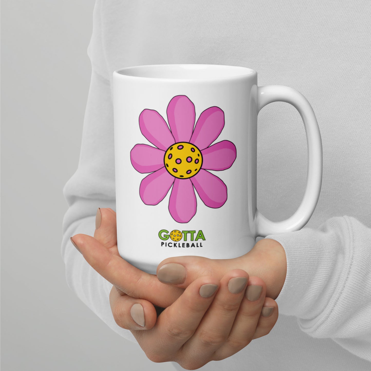 gotta pickleball power with pickleball center and pink petals white glossy ceramic coffee mug