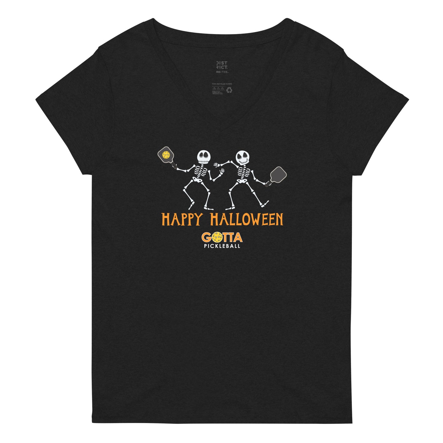 Women's V-Neck: Happy Halloween Pickleball Skeletons (more colors)