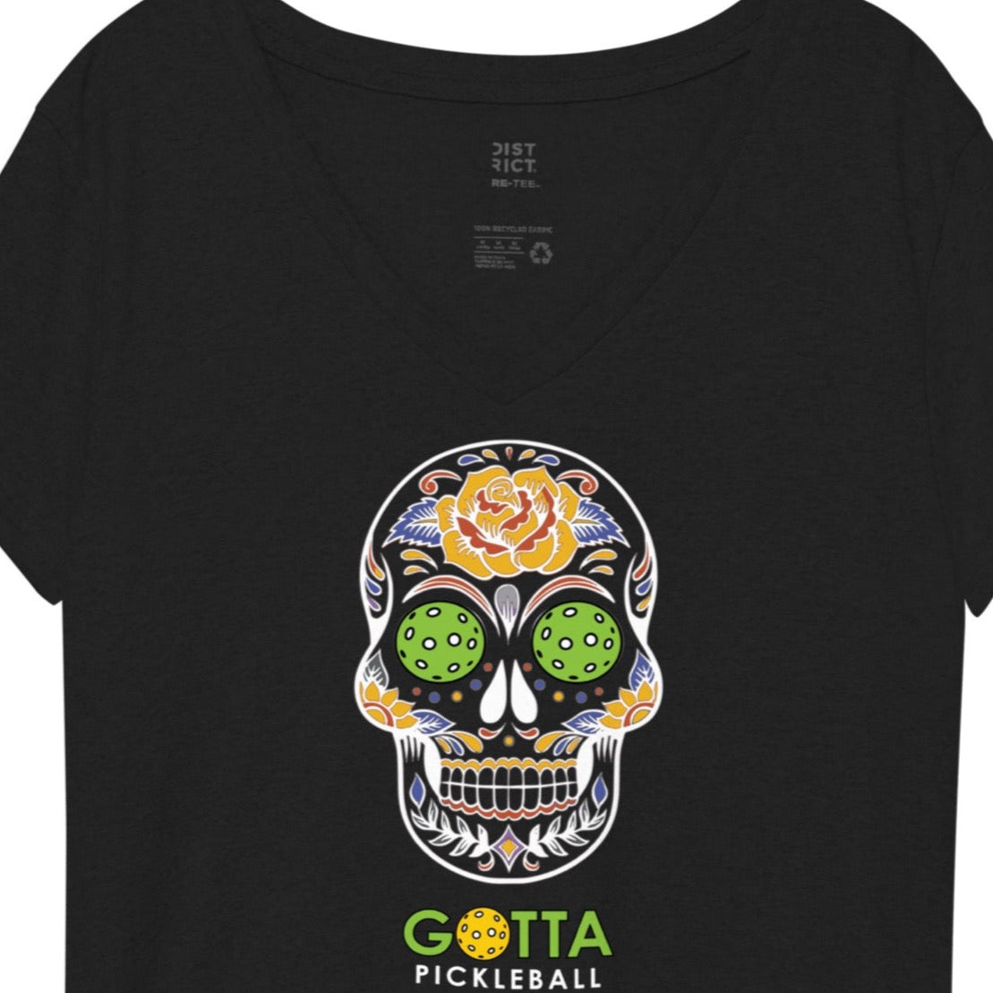 Women's T-Shirt V-Neck: Day of the Dead Skull PIckleball eyes (more colors)