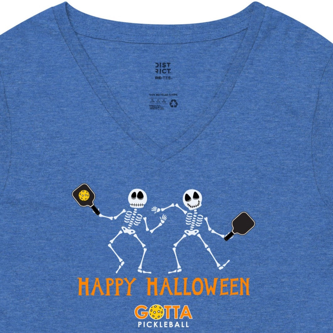 Women's V-Neck: Happy Halloween Pickleball Skeletons (more colors)