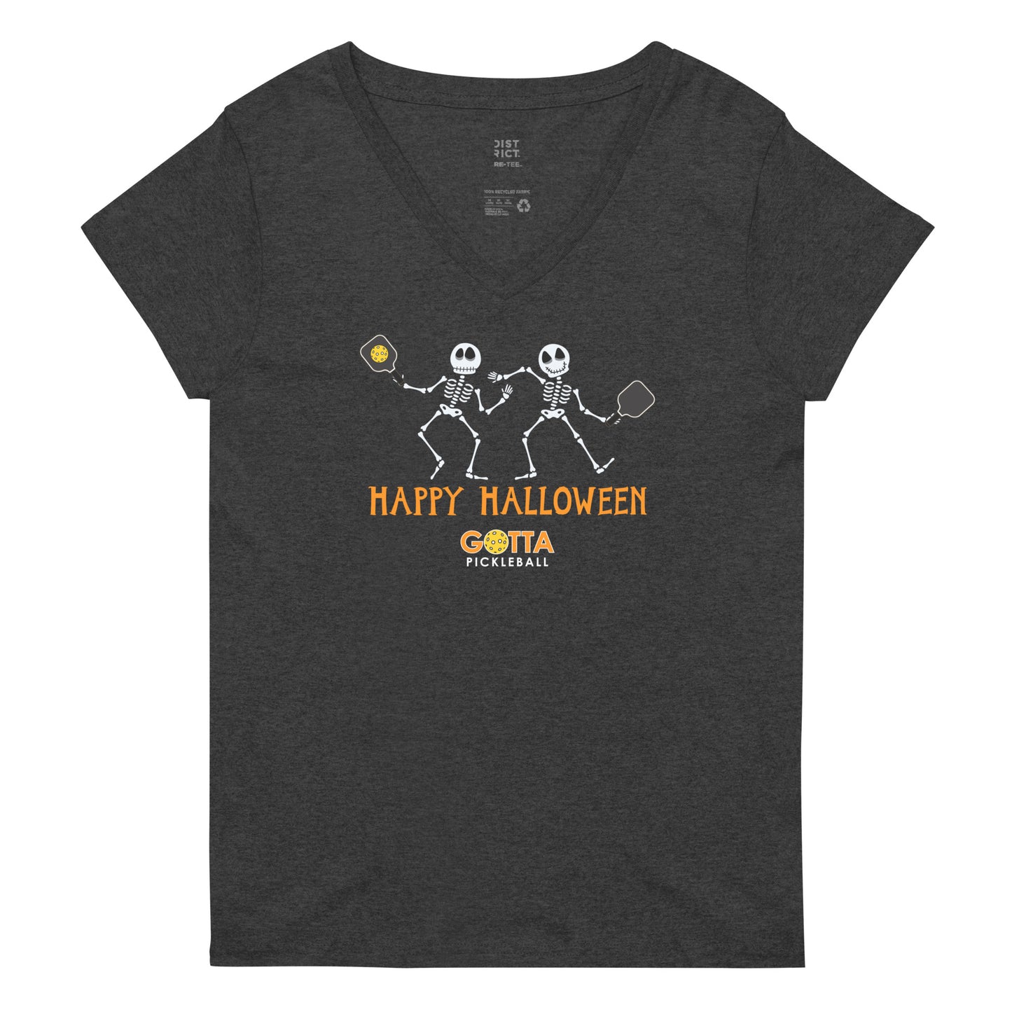 Women's V-Neck: Happy Halloween Pickleball Skeletons (more colors)
