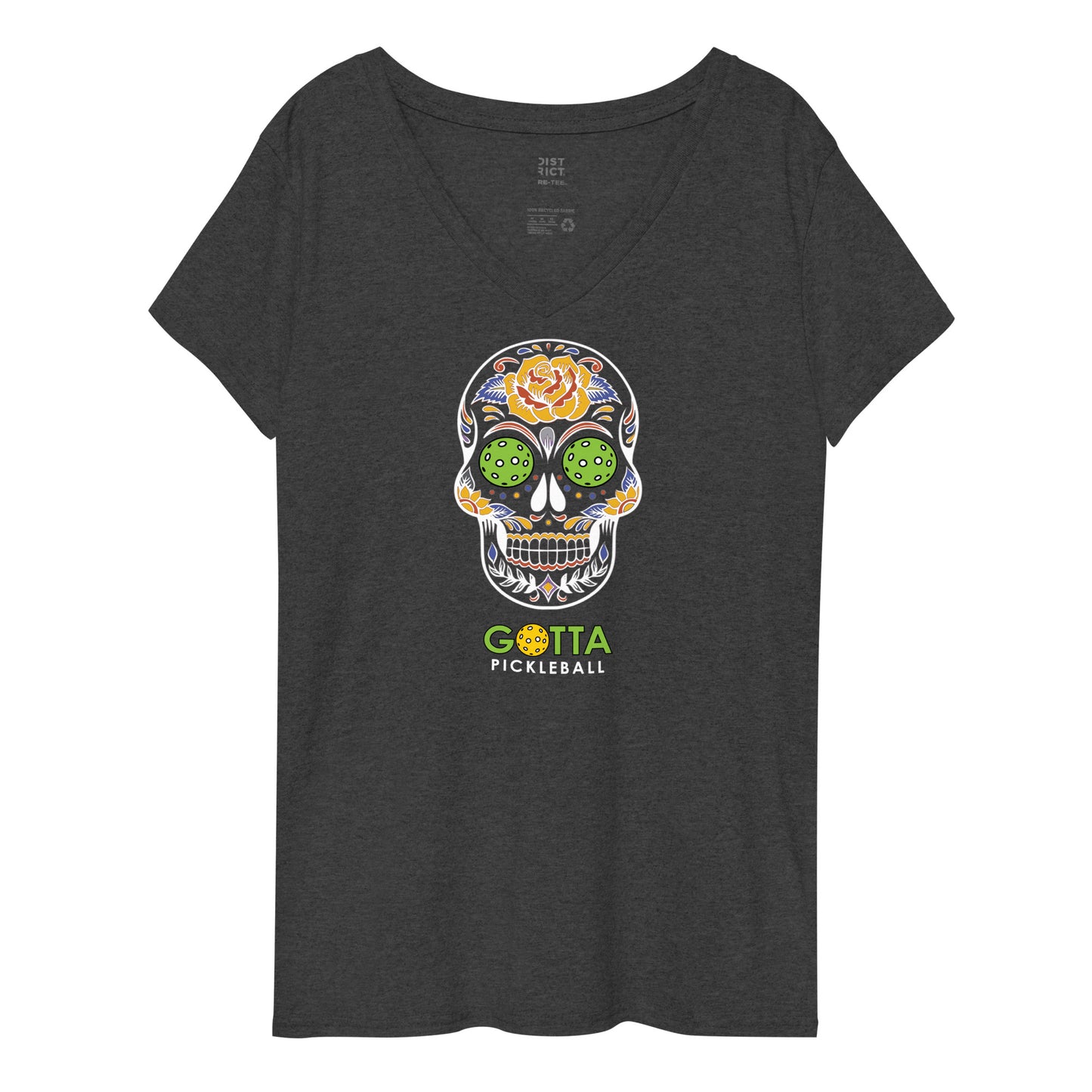 Women's T-Shirt V-Neck: Day of the Dead Skull PIckleball eyes (more colors)