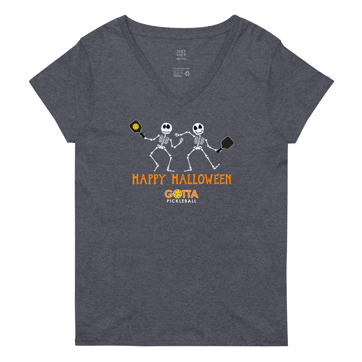 Women's V-Neck: Happy Halloween Pickleball Skeletons (more colors)