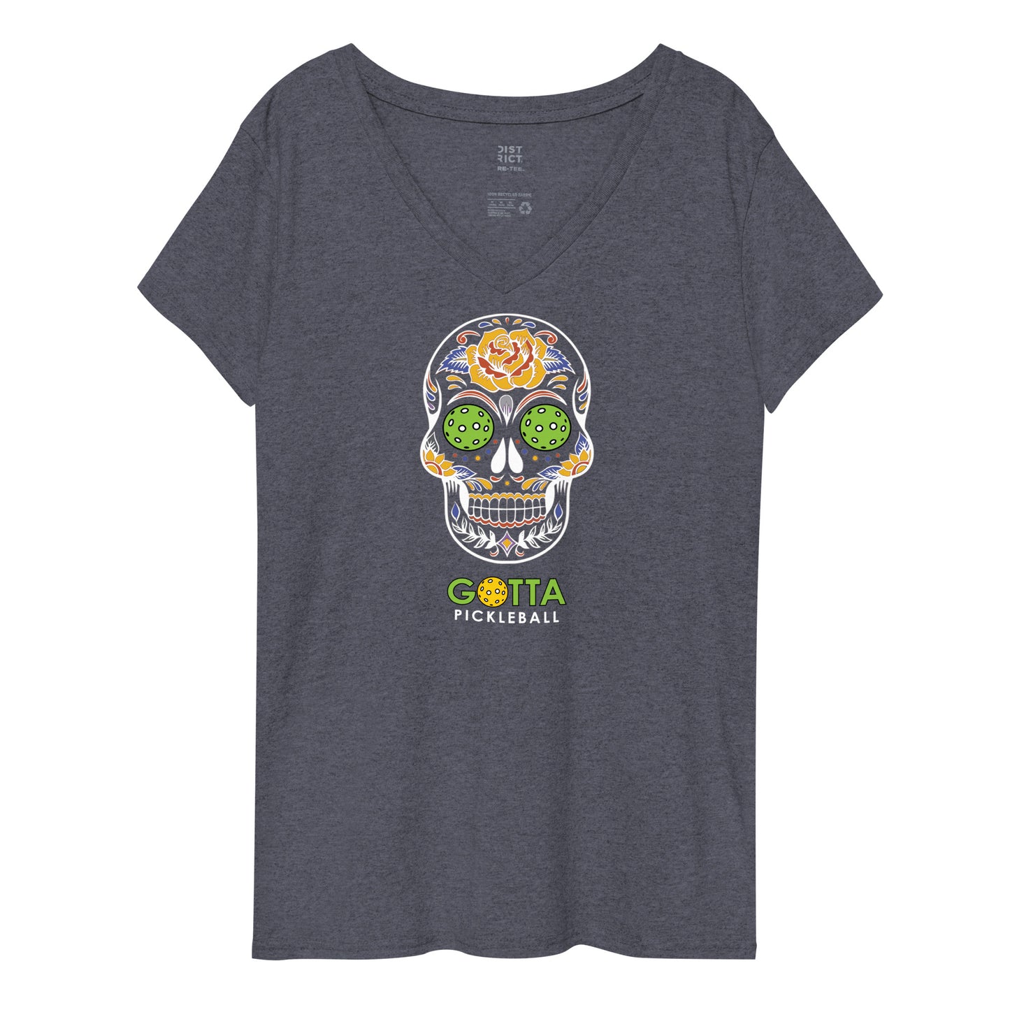 Women's T-Shirt V-Neck: Day of the Dead Skull PIckleball eyes (more colors)