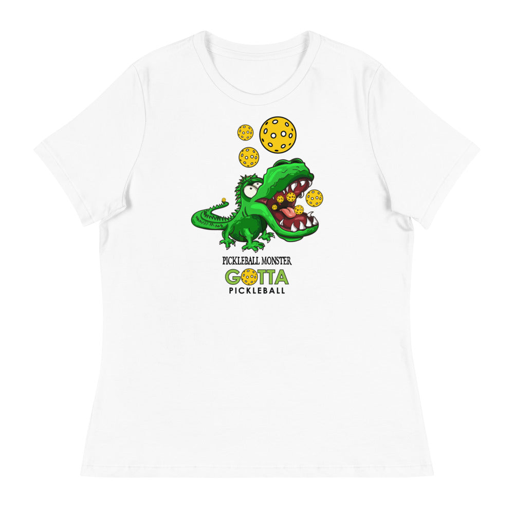 Women's T-Shirt RELAXED FIT: PICKLEBALL MONSTER GREEN ALLIGATOR (more colors)