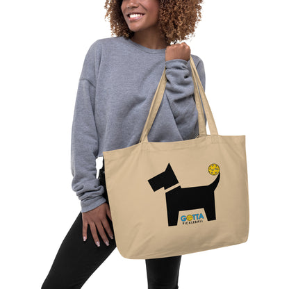 Large organic tote bag: Oyster Black Dog with PIckleball Tail