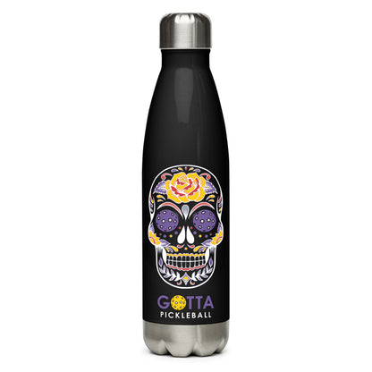 Stainless Steel Water Bottle: Day of the Dead Skull Pickleball Eyes Purple Black Bottle