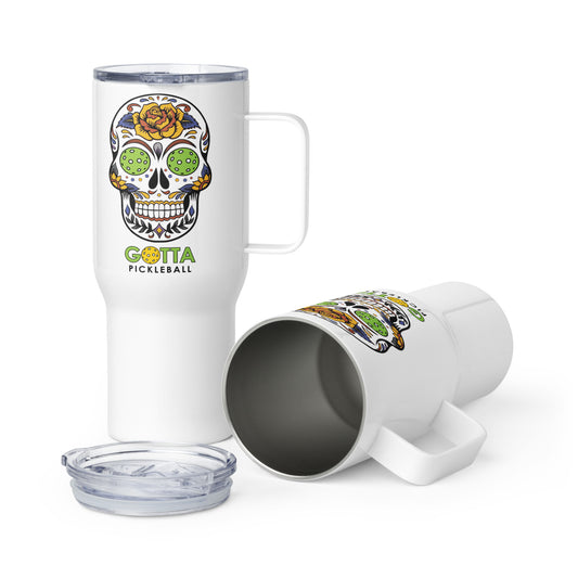 Travel mug with handle: Day of the Dead Skull with Pickleball Eyes