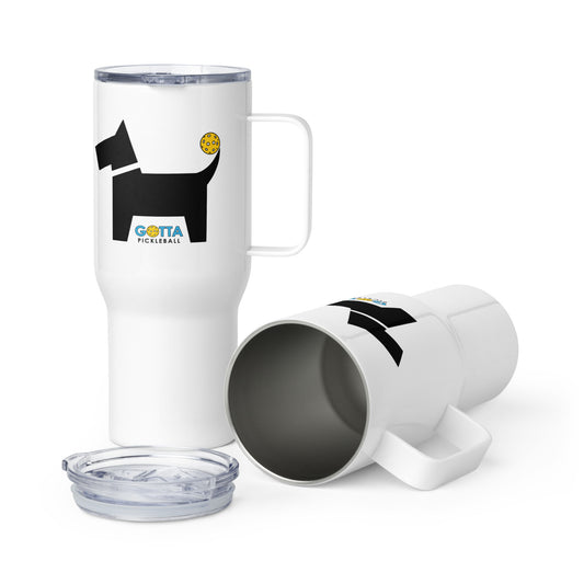 Travel mug with handle: Dog with Pickleball Tail