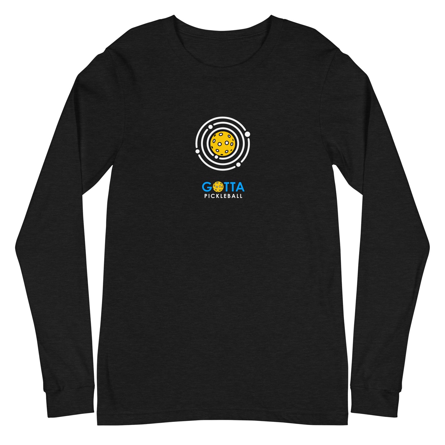 long sleeve tee black Gotta Pickleball logo blue and white with pickleball in center orbited with circles of white