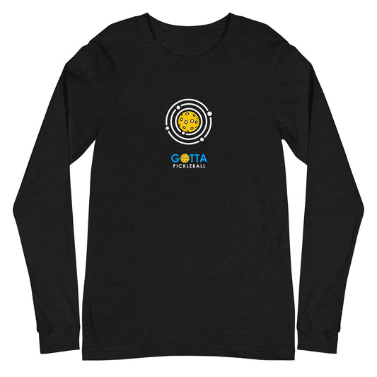 long sleeve tee black Gotta Pickleball logo blue and white with pickleball in center orbited with circles of white