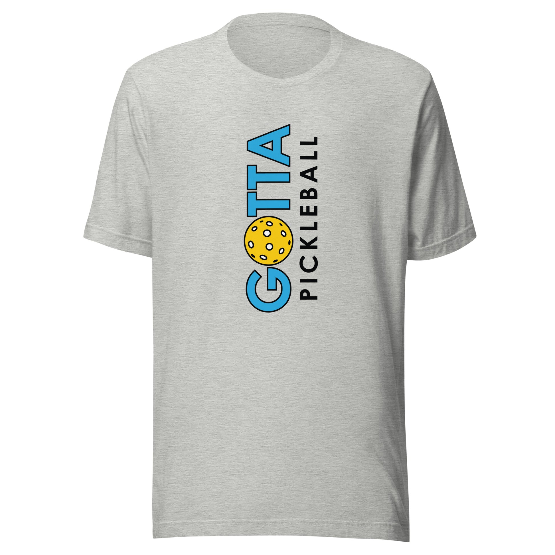 t-shirt sports grey with Gotta Pickleball vertical on front of shirt in blue and blaick