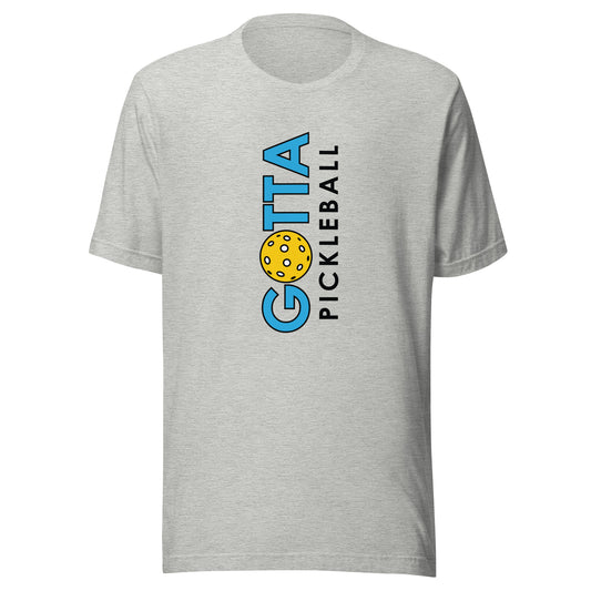 t-shirt sports grey with Gotta Pickleball vertical on front of shirt in blue and blaick