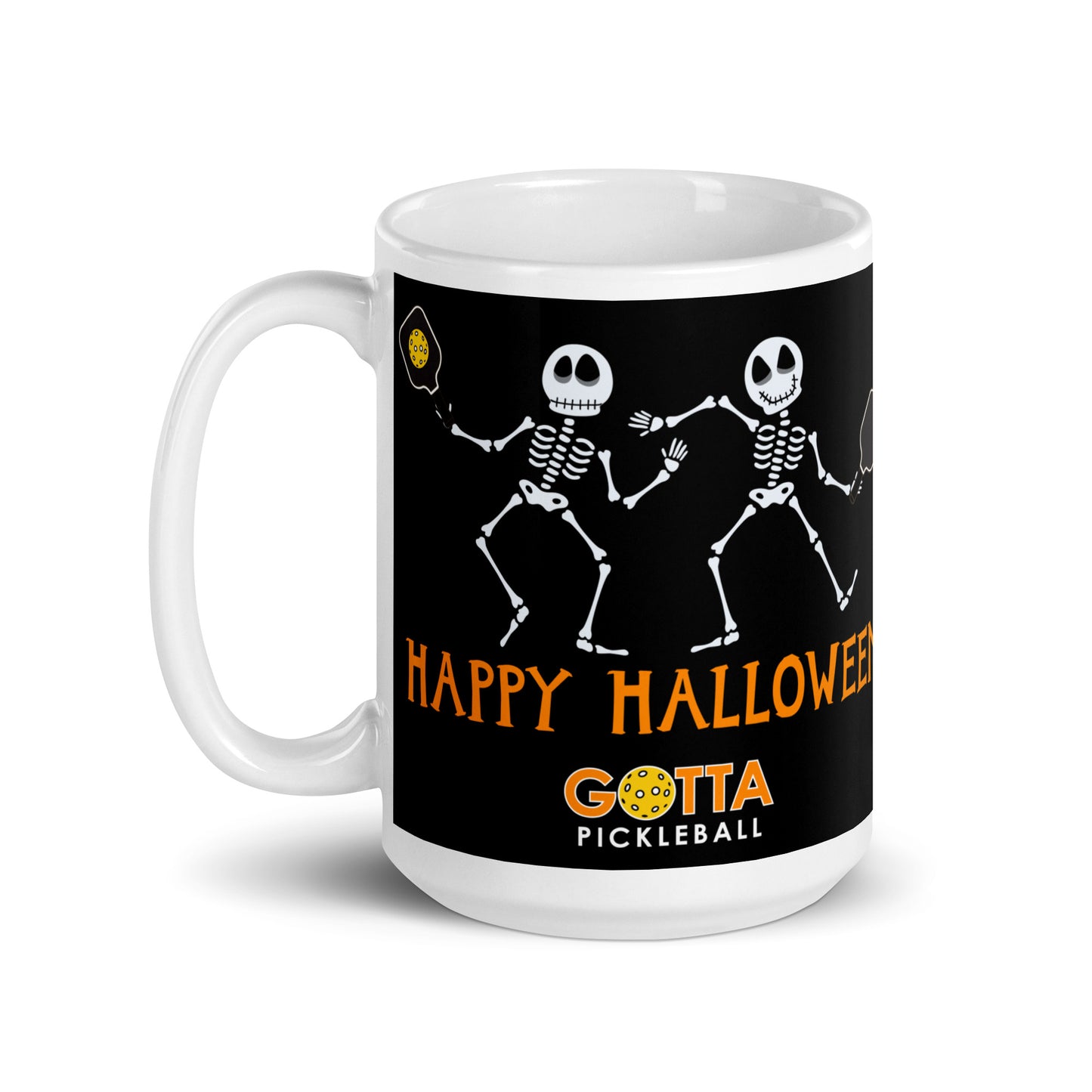 MUG: Pickleball Playing Skeletons Happy Halloween (more sizes)