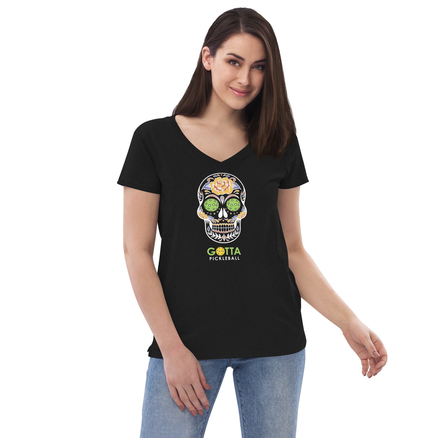 Women's T-Shirt V-Neck: Day of the Dead Skull PIckleball eyes (more colors)