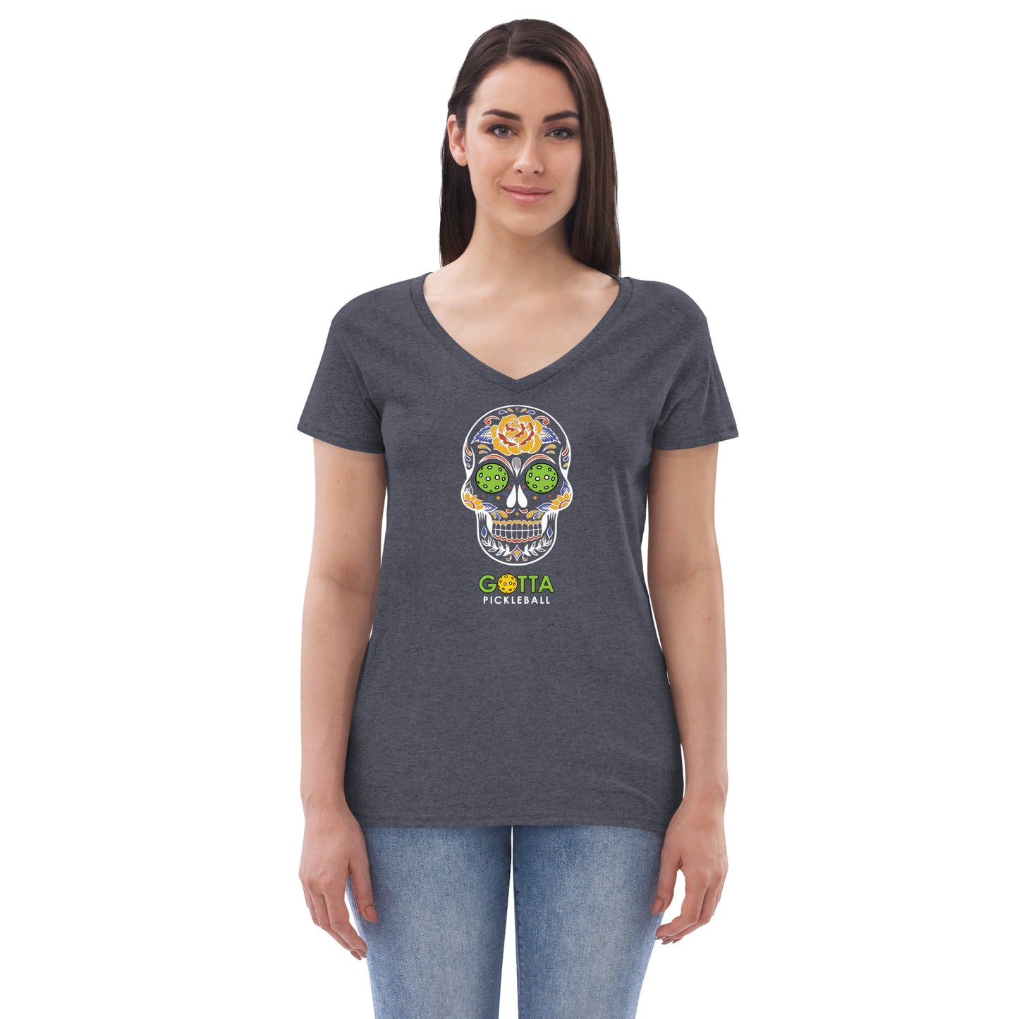 Women's T-Shirt V-Neck: Day of the Dead Skull PIckleball eyes (more colors)