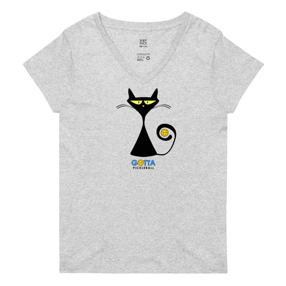 v-neck t-shirt with black cartoon cat and pickleball inside tail Gotta Pickleball logo