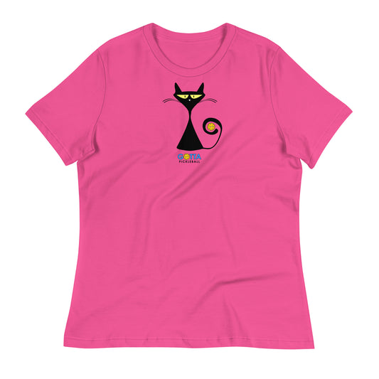 Women's Relaxed T-Shirt Cat Black Pickleball Tail (more colors)
