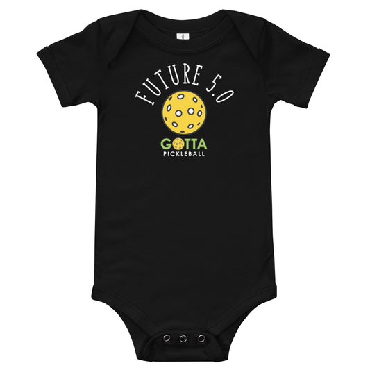 baby onesie that is black with short sleeves with future 5.0 written over a pickleb