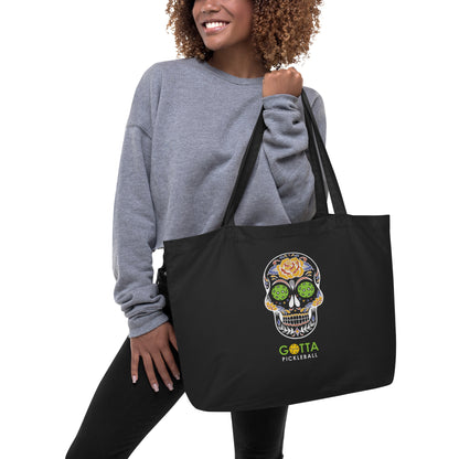 Large organic tote bag: Day of the Dead Skull Black