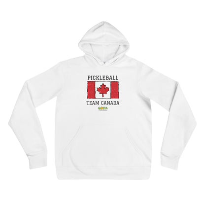 Gotta Pickleball white soft cotton fleece hoodie sweatshirt with centered design of Canadian maple leaf flag in red and white with words pickleball team Canada