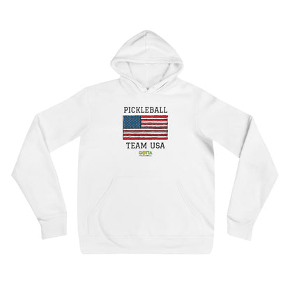 Gotta Pickleball white soft fleece lightweight hoodie sweatshirt with centered design of American Flag in red white and blue with words pickleball team USA