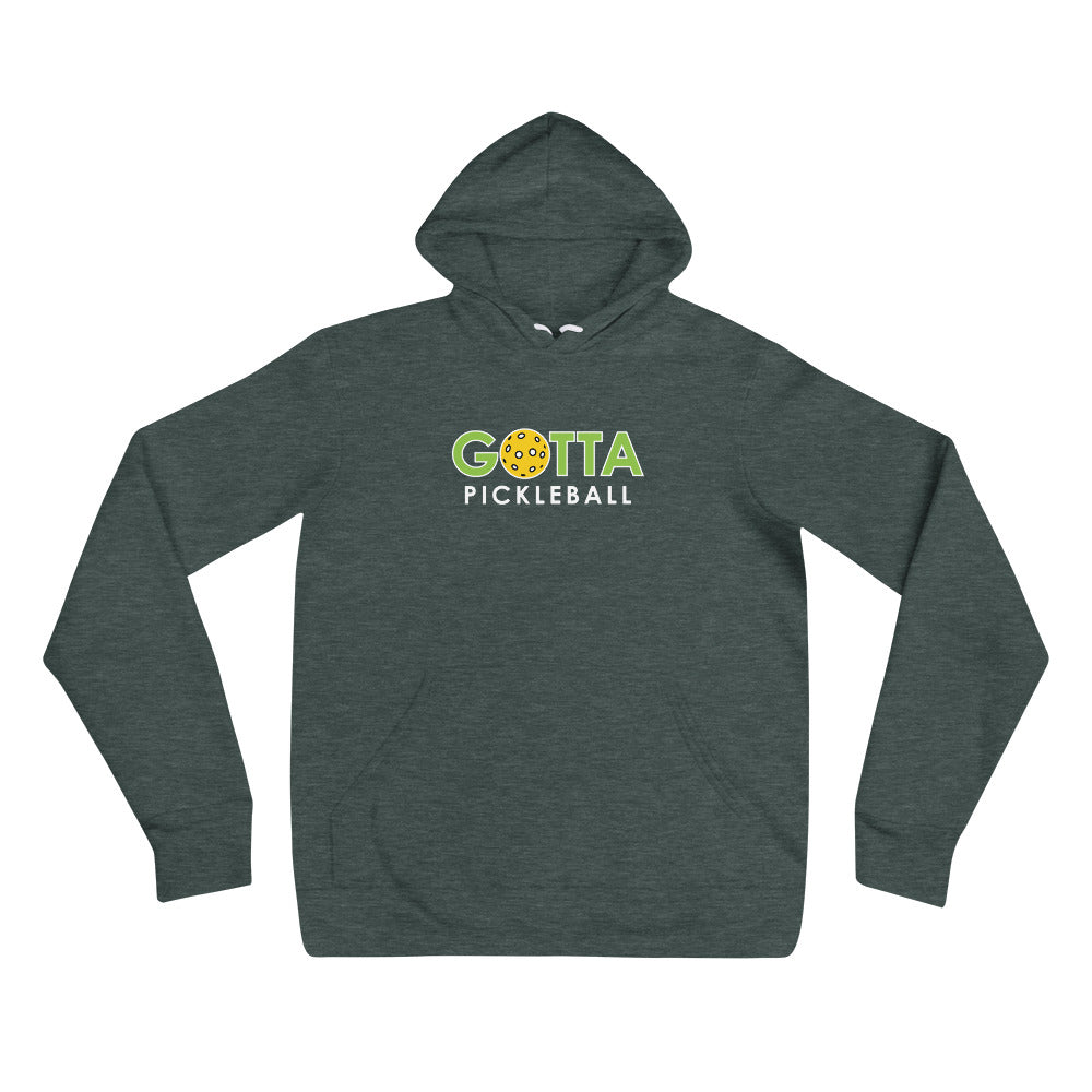 Gotta Pickleball logo centered on heather green lightweight cotton fleece hoodie sweatshirt