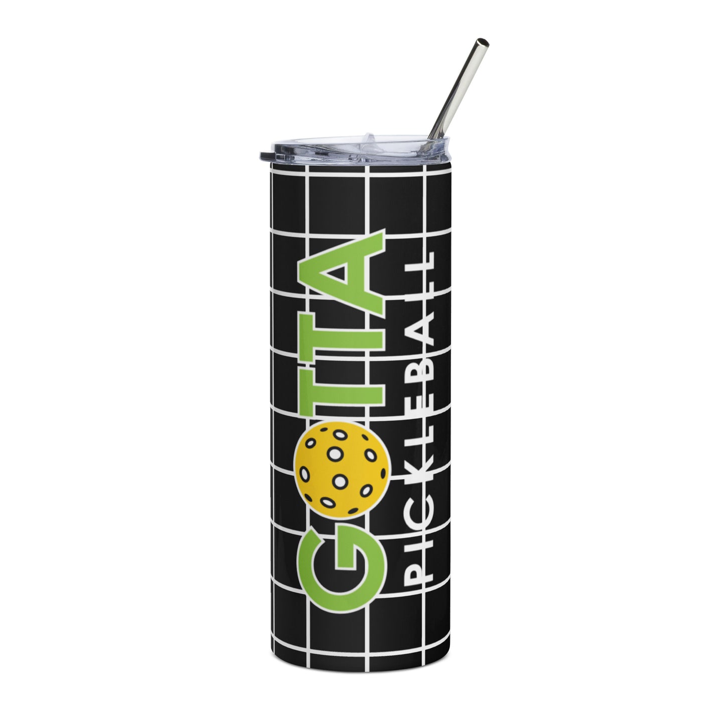 Stainless Steel Tumbler: Gotta Pickleball Logo Green on Black & White Grid