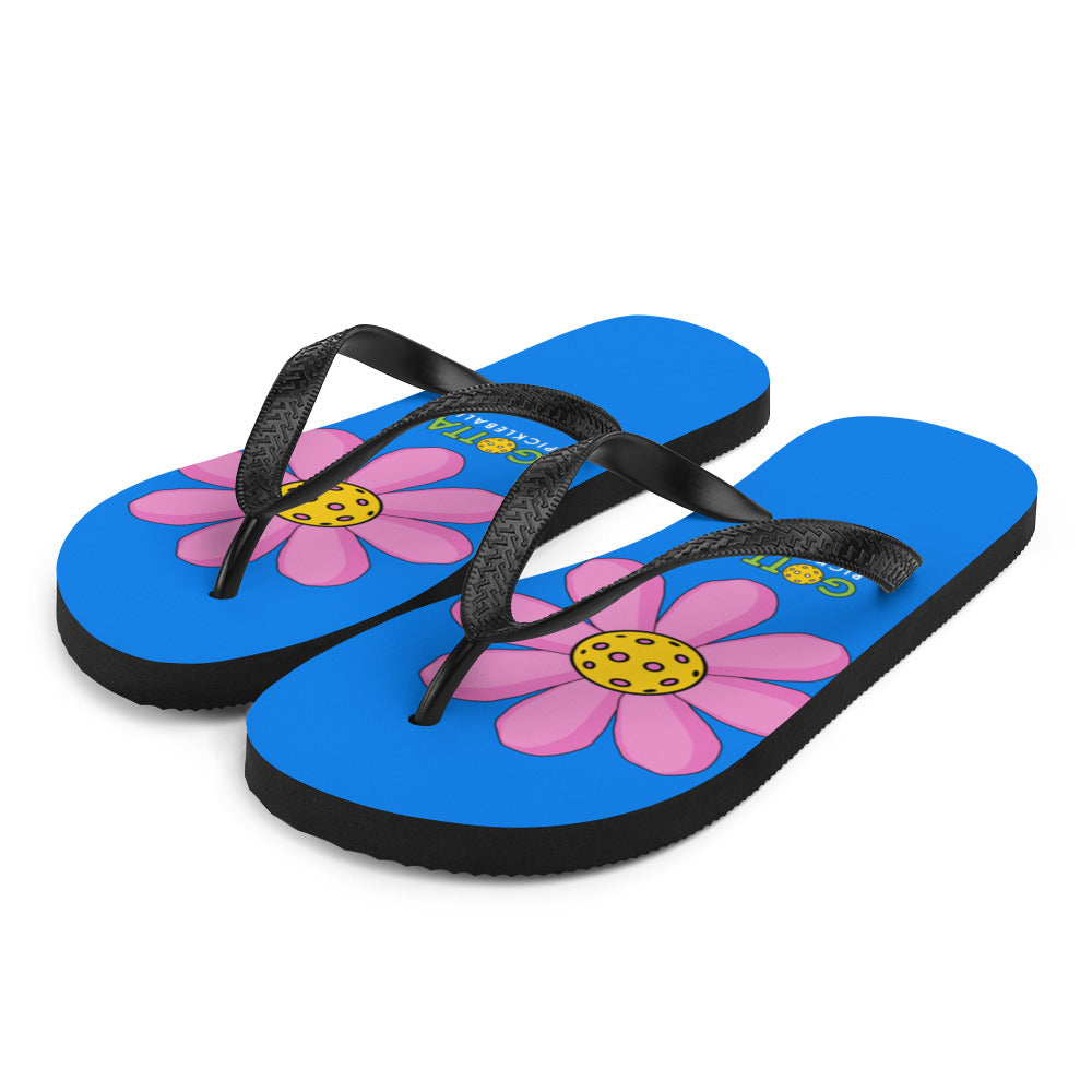 Flip-Flops: DINK PINK FLOWER ON PICKLEBALL COURT BLUE