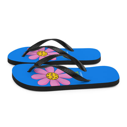 Flip-Flops: DINK PINK FLOWER ON PICKLEBALL COURT BLUE
