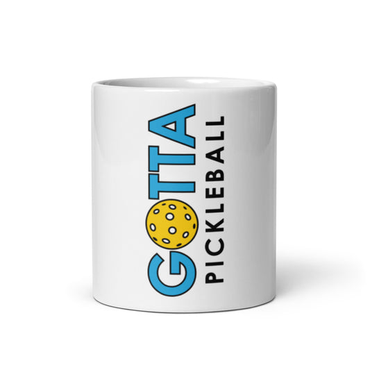 Gotta Pickleball logo in blue with yellow pickleball on white glossy mug