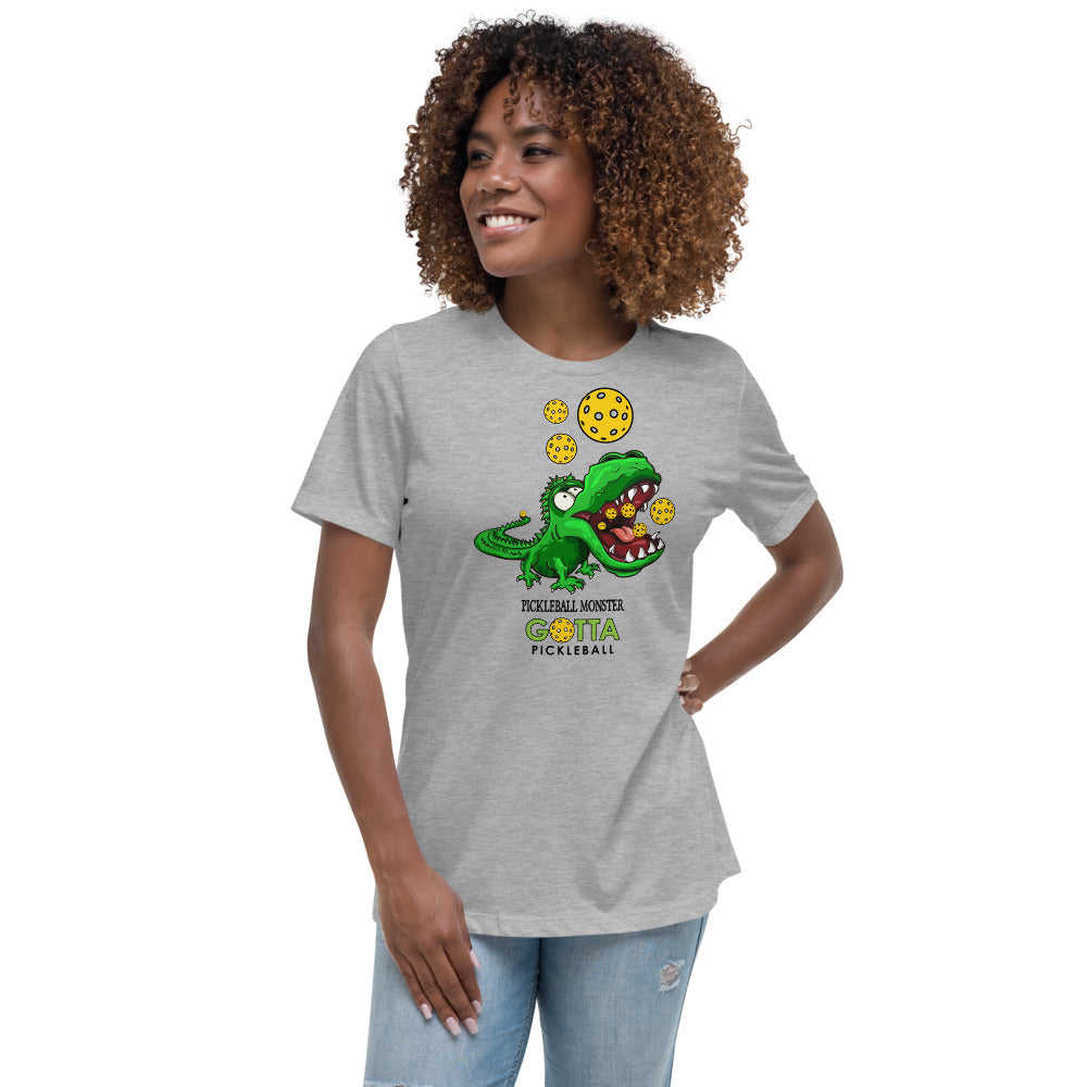 Women's T-Shirt RELAXED FIT: PICKLEBALL MONSTER GREEN ALLIGATOR (more colors)