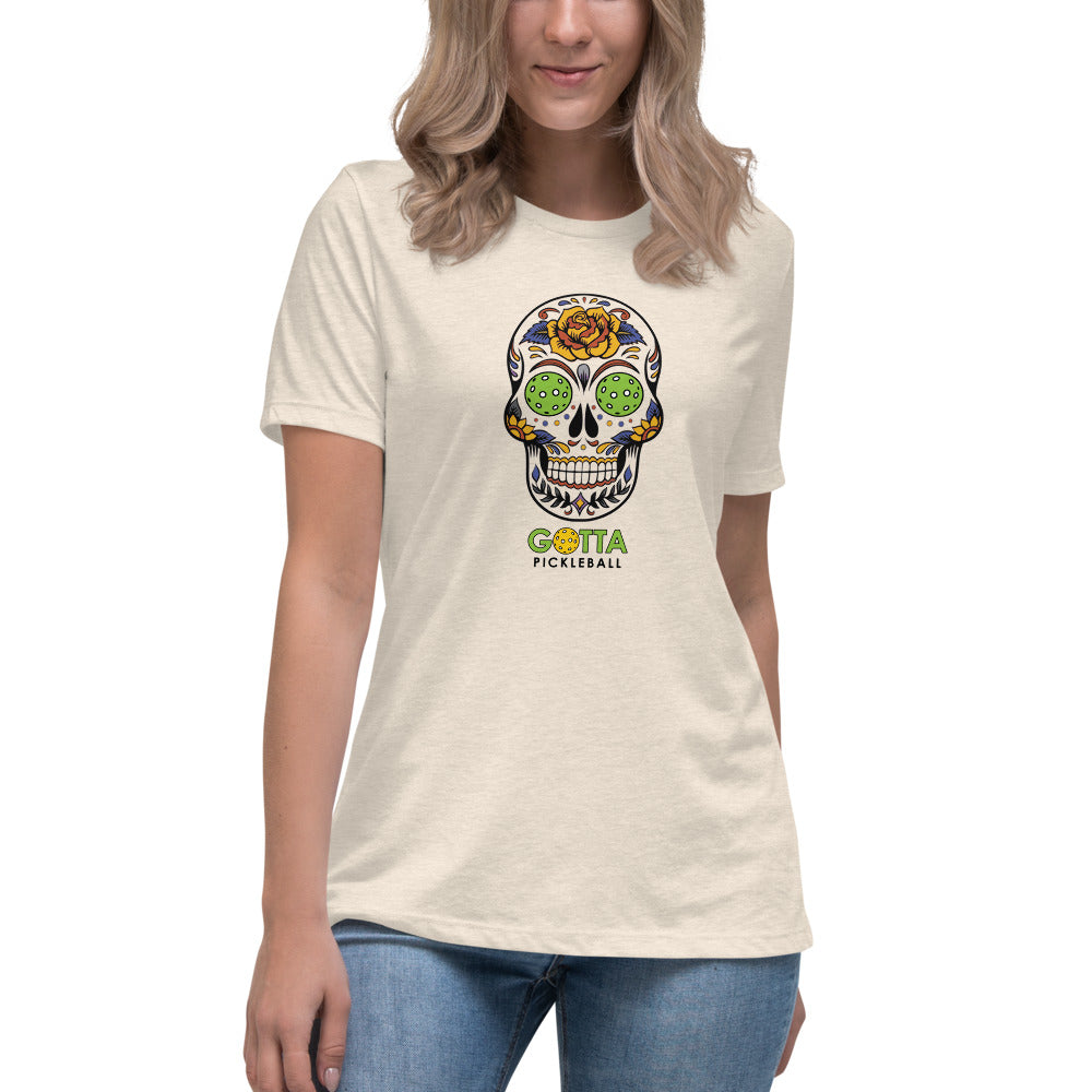 Women's T-Shirt Relaxed: Pickleball Eyes Day of the Dead Skull (more colors)